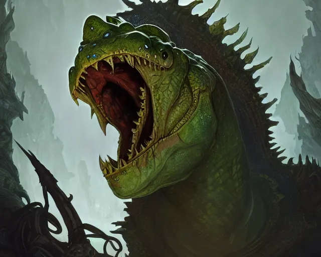 Image similar to forsaken crocodile god, cinematographic shot, deep focus, d & d, fantasy, intricate, elegant, highly detailed, digital painting, artstation, concept art, matte, sharp focus, illustration, hearthstone, magic the gathering, art by wesley burt and karla ortiz and alphonse mucha