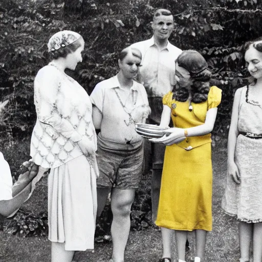 Image similar to an image of a queen with tan skin long rippling cinnamon hair and emerald colored eyes in a medium full shot, vintage historical fantasy 1 9 3 0 s kodachrome slide german and eastern european mix. the queen is pictured attending a barbecue for youth volunteers. she is dressed in a yellow dress paired with green accessories.