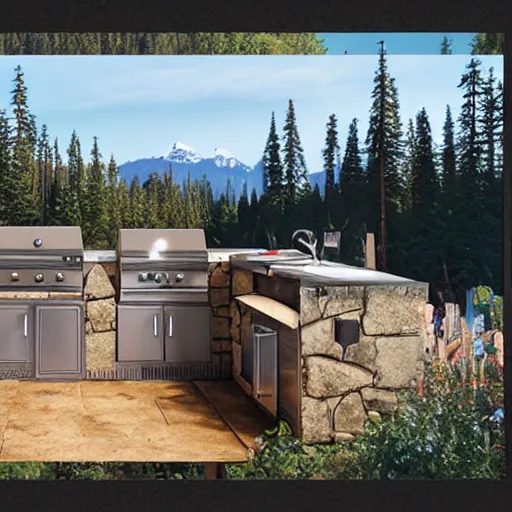 Prompt: an immaculate digital matte painting of a pacific northwest outdoor kitchen
