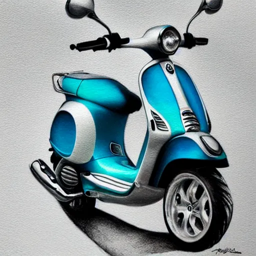 Image similar to hyper realistic pencil drawing of a turquoise vespa moped, water color, detailed, rim light, diffused, intricate, by anna dittmann,
