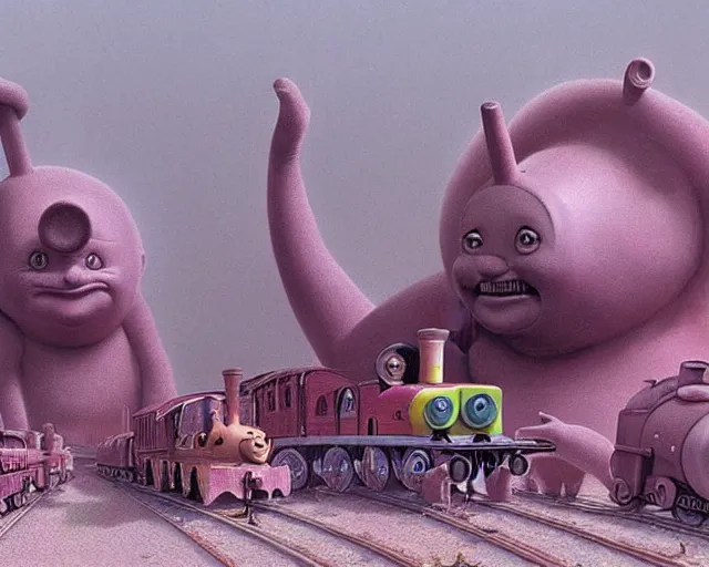 Image similar to still frame from thomas and friends by wayne barlowe, happy teletubbies train by wayne barlowe, eldrich thomas train by beksinski, grandiose demonic train with locomotive and endless wagons, 🚂🚂🚂