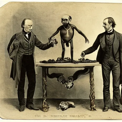 Prompt: naturalist richard owen and naturalist thomas henry huxley standing over antique table with anatomical monkey skulls, victorian, carte de visite - n 4