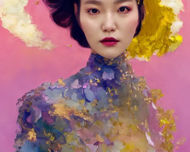 Image similar to lee jin - eun in elegant chic interstellar lush dress emerging from gold gold by martine johanna, michael garmash and katsuhiro otomo, rule of thirds, seductive look, beautiful, cotton candy clouds, puyallup berteronian, himalayan poppy flowers, gorgeous, face anatomy, masterpiece