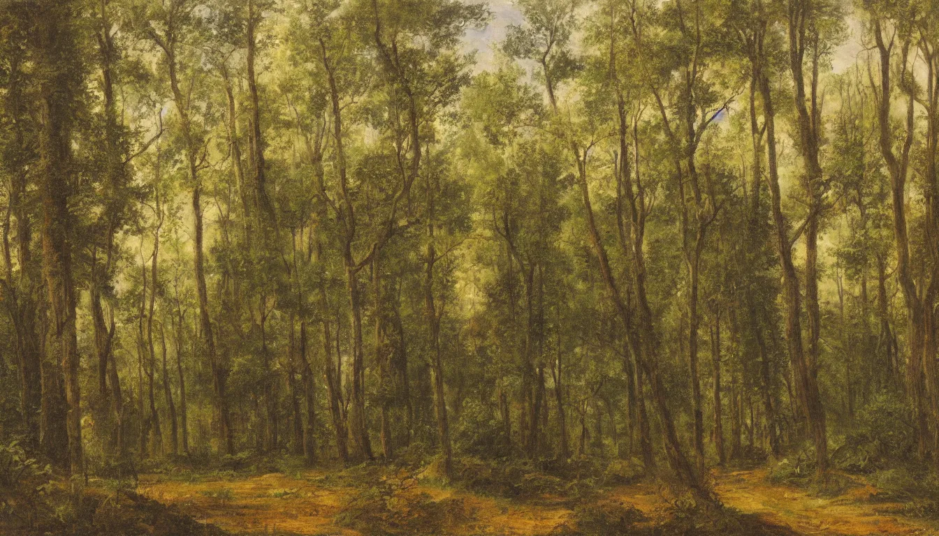 Prompt: a clearing in a forest painted by John Shroades