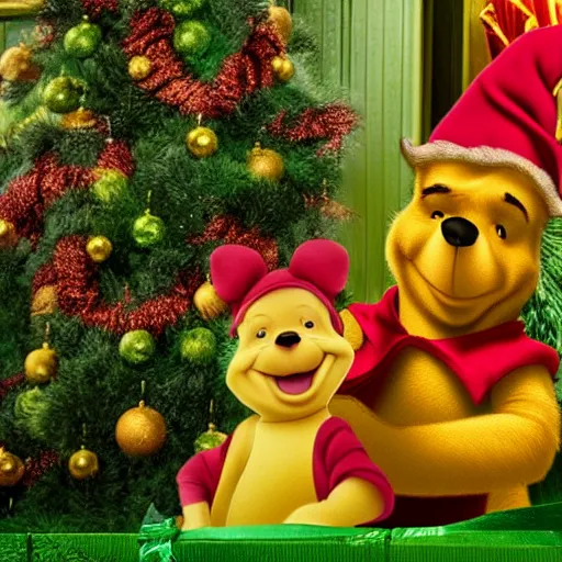 Image similar to winnie the pooh as the grinch, winnie the pooh cast as the grinch, full body shot