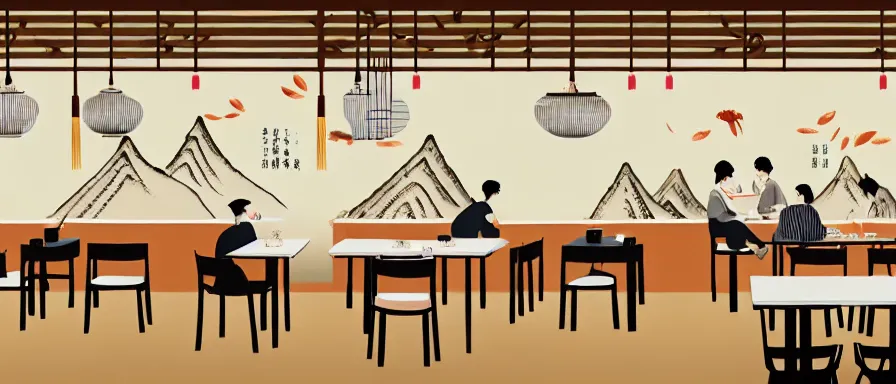 Prompt: a beautiful interior view illustration of a small roasted string hotpot restaurant in yan'an city, wall corner, chinese mountain architecture, restaurant wall paper is tower amd mountain, rectangle white porcelain table, people are eating, black chair, animation illustrative style, from china, simple style structure decoration design, victo ngai, james jean, 4 k hd