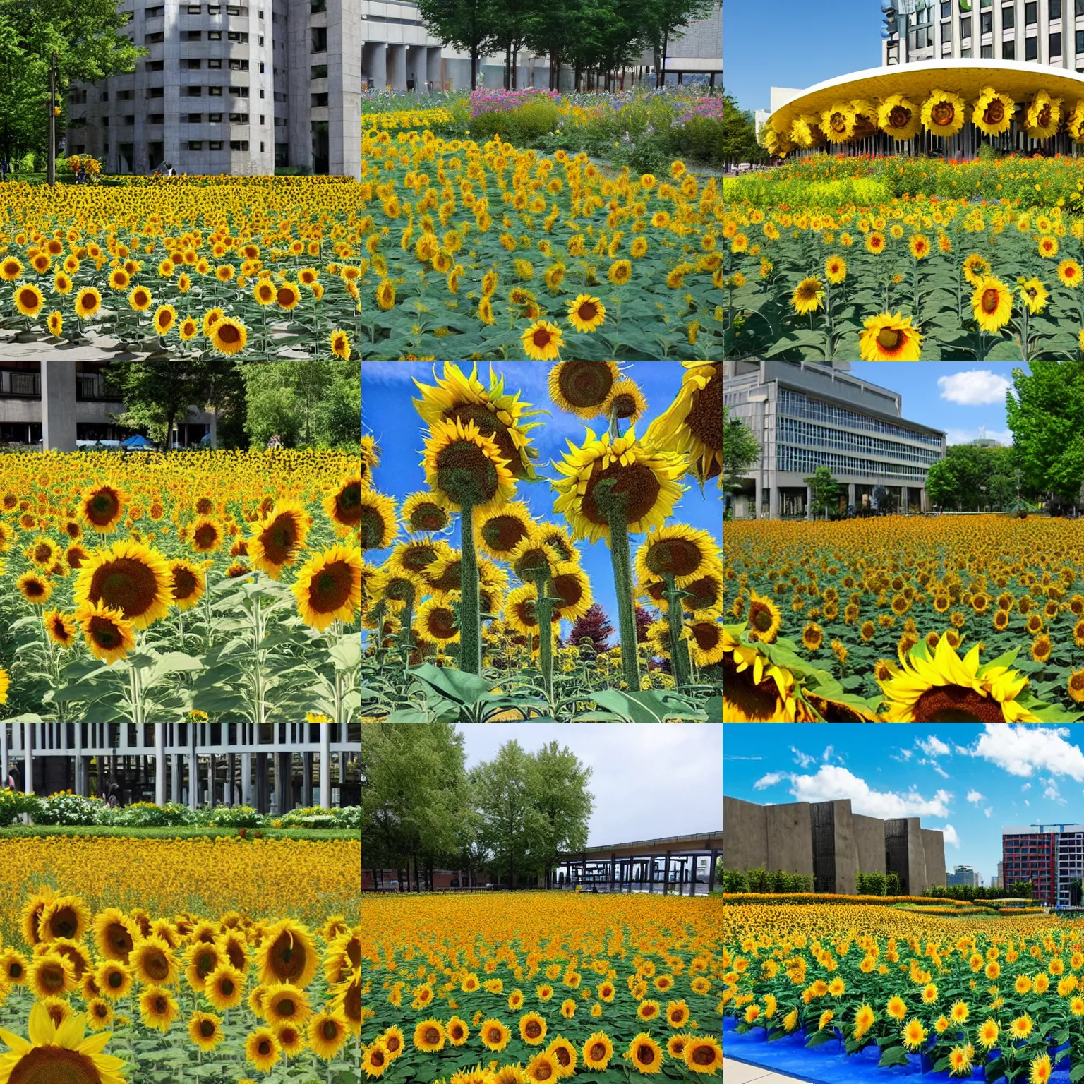 Prompt: a brutalist plaza blooming with sunflowers in the style of monet