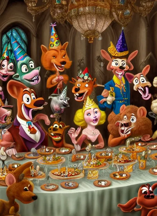 Image similar to highly detailed group closeup portrait of max fleischer cartoon animals having a birthday party banquet in a castle, unreal engine, max fleischer, nicoletta ceccoli, mark ryden, earl norem, lostfish, global illumination, god rays, detailed and intricate environment