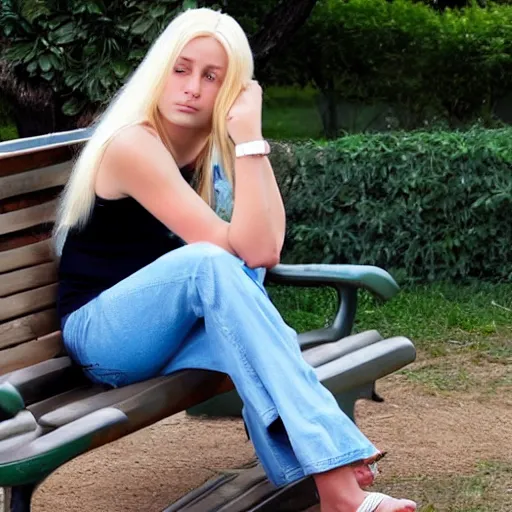 Image similar to a young woman with long blond hair sitting on a green bench with her head in her hands, henderson, steve