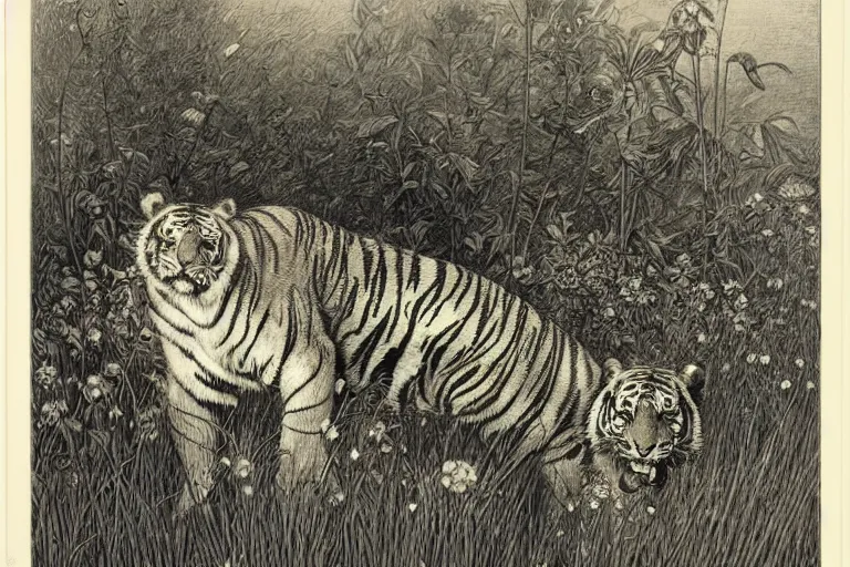 Image similar to portrait of tiger hiding in the flowers, Gustave Dore lithography