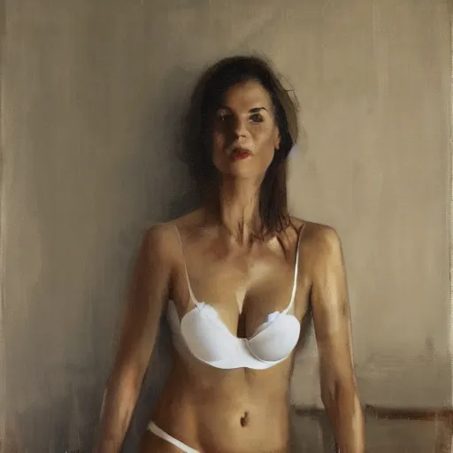 Prompt: a woman posing in her Firenze bedroom, wearing a white bra and white panties, painted by Jonathan Yeo