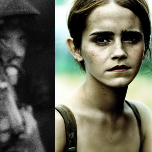 Image similar to film still, close up, emma watson vietnam door gunner, film still from apocalypse now ( 1 9 7 9 ), 2 6 mm, kodak ektachrome, blue tint expired film,
