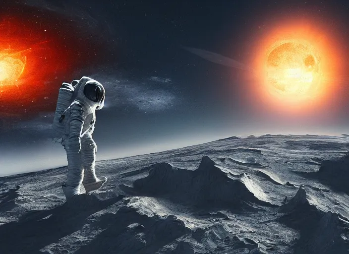 Image similar to digital art, trending on artstation, a planet exploding breaking into pieces, lunar landscape, a man in an astronaut suit, moody