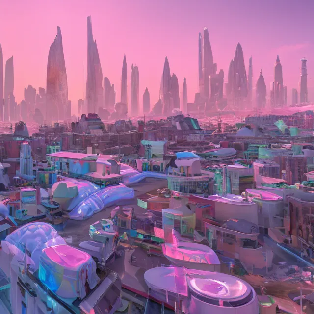 Prompt: new england futuristic fantasy city with a giant ice cream mountain range in the background, chimneys on buildings, colorful ice cream, light cinematic, otherworldly, volumetric, realistic, cinematic lighting, ray tracing, unreal engine 5, unreal engine render, octane render, hyper realistic, photo, 8 k