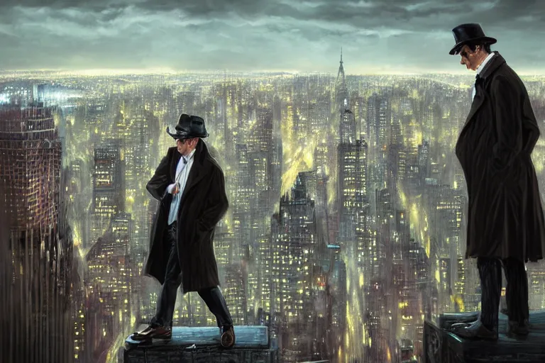 Image similar to detective wearing a trench coat in profile smoking a sherlock holmes pipe on a perch facing the city at night, smooth, focus, highly detailed, hyper realistic, dramatic lighting, intricate, concept art, new york skyline, looking down, art by wlop, greg rutowski, artstation