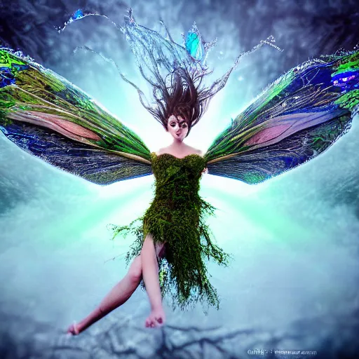 Prompt: full body pose, hyperrealistic photograph of moss fairy, symmetrical wings, dim volumetric lighting, 8 k, octane beautifully detailed render, extremely hyper detailed, intricate, epic composition, cinematic lighting, masterpiece, trending on artstation, very very detailed, stunning, hdr, smooth, sharp focus, high resolution, award, winning photo, dslr, 5 0 mm