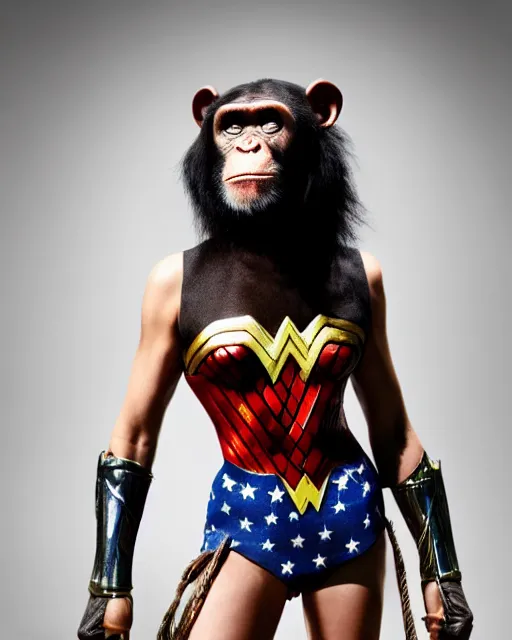 Prompt: A chimpanzee wearing a Wonder Woman outfit, photographed in the style of Annie Leibovitz, hyperreal