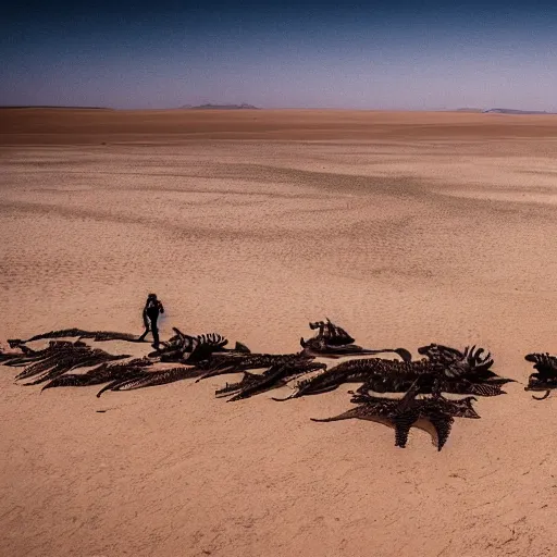 Image similar to 🐋🦖🤖🐉👽🐳 in desert, photography by bussiere rutkowski andreas roch