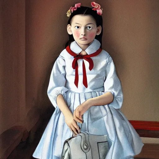 Prompt: little girl wearing an gucci's outfit. digital artwork made by ayama kojima, inspired by balthus, highly detailed, realistic,