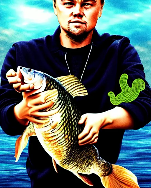 Image similar to photograph of leonardo dicaprio holding a carp in his both hands. movie poster, illustration by bartek fedyczak, erak note, tooth wu, neil richards, kan liu, siwoo kim, jisu choe, trending on art station