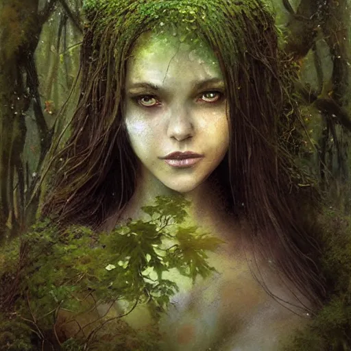 Image similar to portrait of a dryad, in a forest of fey autumn maples, her skin glistens with rainwater by greg rutkowski and brian froud dark mysterious, filtered evening light