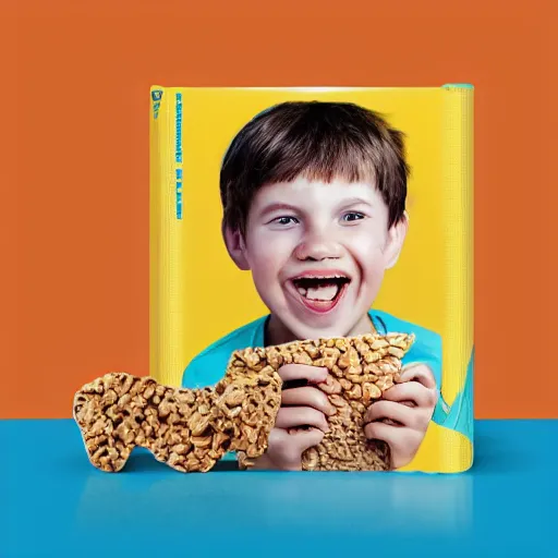 Image similar to photo of a cereal - box with a picture of a smiling broken - toothed child on the cover