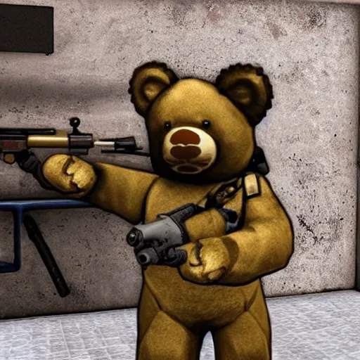 Image similar to a screenshot of a teddy bear inside a counter strike game, the teddy bear is holding a gun, the teddy bear is aiming at another teddy bear