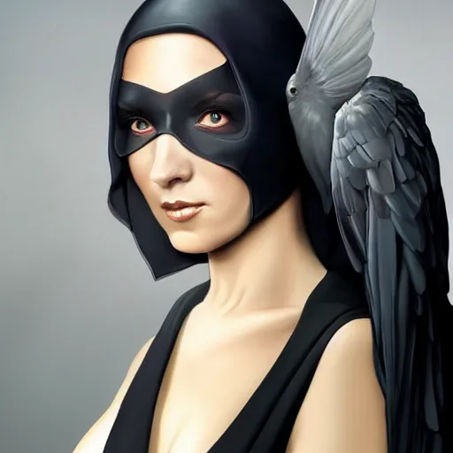 Prompt: character portrait of a modest robed raven angel with iridescent black raven wings, by Artgerm, Mark Brooks, Jim Burns, Marina Abramović, trending on Artstation