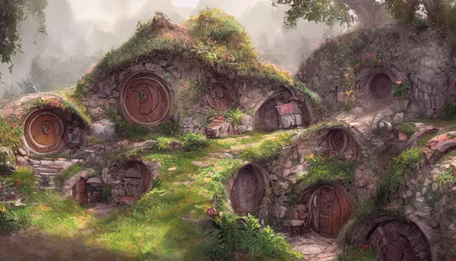 Image similar to concept art of a beautiful hobbit - holes in a village, digital art, trending on artstation