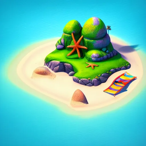 Image similar to Isometric 3D Fantasy Cute Beach, Smoth 3D Illustration, soft render, Servando Lupini, handpaint texture, Blender, 3DCoat