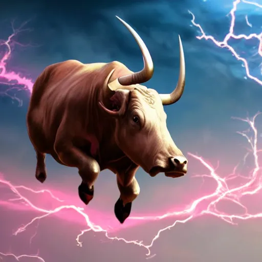 Prompt: bull volume sky concept art pink hyper realistic epic cinematic lightning