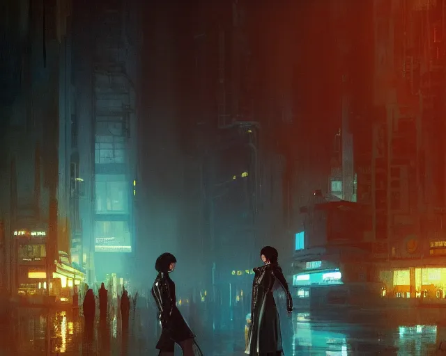 Prompt: 2 0 1 8 blade runner movie still ramona flowers look at the cityscape from roof perfect face fine realistic face pretty face reflective polymer suit tight neon puffy jacket blue futuristic sci - fi elegant by denis villeneuve tom anders zorn hans dragan bibin thoma greg rutkowski ismail inceoglu illustrated sand storm alphonse mucha