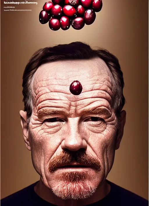 Prompt: cranberries fused with bryan cranston's face, red berry skin, cranberry helmet, studio light, bloom, detailed face, magazine, press, photo, steve mccurry, david lazar, canon, nikon, focus