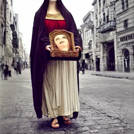 Prompt: amazing photo of mary magdalene in real life, walking in a city street
