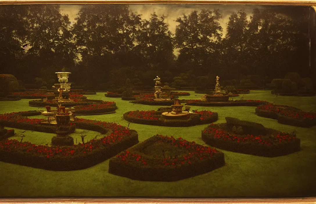 Prompt: virtuoso painting royal garden design by andre le notre intact flawless ambrotype from 4 k criterion collection remastered cinematography gory horror film, ominous lighting, evil theme wow photo realistic postprocessing divisionism painting by claude gellee