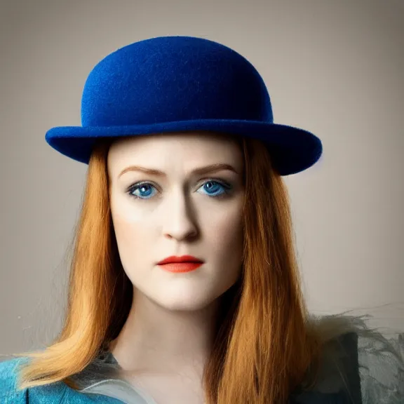 Image similar to portrait evan rachel wood angle 9 0 ° centred looking away breading fresh air, caracter with brown hat, background soft blue