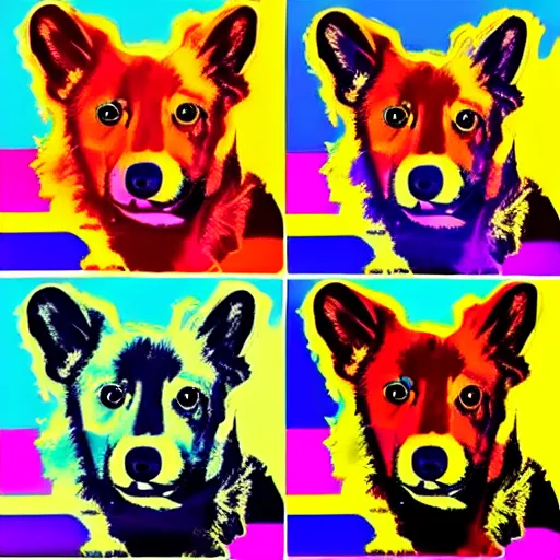 Prompt: corgi digital art in the style andy warhol, similar in design to marilyn diptych, high saturation, colorful, many different colors