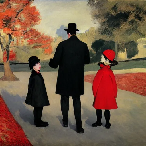 Prompt: a thin man in a black coat and bowler hat talks with small young girl who is dressed in a red coat and a red hat, park, autumn, 1923, wide angle, high detail, in style of edouard manet, 8k, width 768