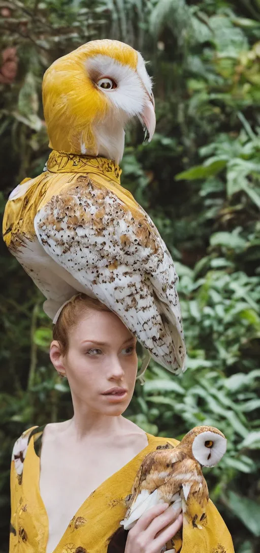 Image similar to head to shoulder portrait film photograph of an elegant top model wearing a yellow kimono with a very detailed barn owl on her shoulder!!! in a tropical greenhouse. looking at the camera!!. super resolution. 85 mm f1.8 lens.bokeh. graflex. by Alessio albi !