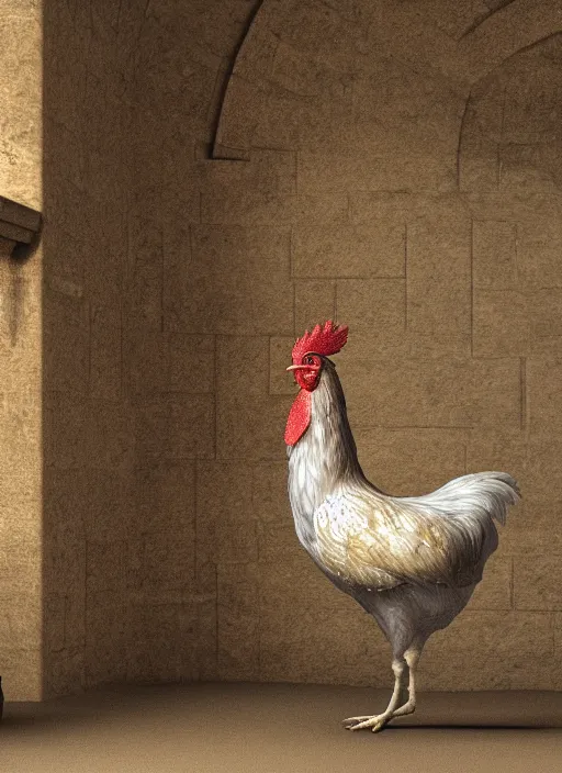 Image similar to a chicken in a roman church, 8 k extremely realistic and highly detailed