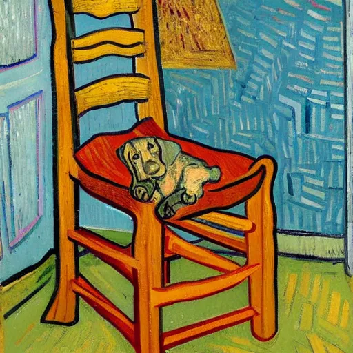 Prompt: Dachshund on a chair, in a bedroom, painted by Vincent Van Gogh