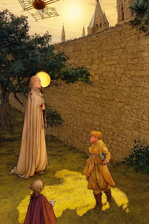 Image similar to a hyperrealist watercolor concept art of an elegant golden ufo in the sky above a small medieval town. one single dirty medieval peasant child is in the foreground pointing up at the sky. very muted colors, by rebecca guay, michael kaluta, charles vess. high detail, hq, wide shot, 4 k