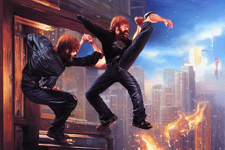 Image similar to chuck norris kicking a ninja out a window, an oil painting by ross tran and thomas kincade