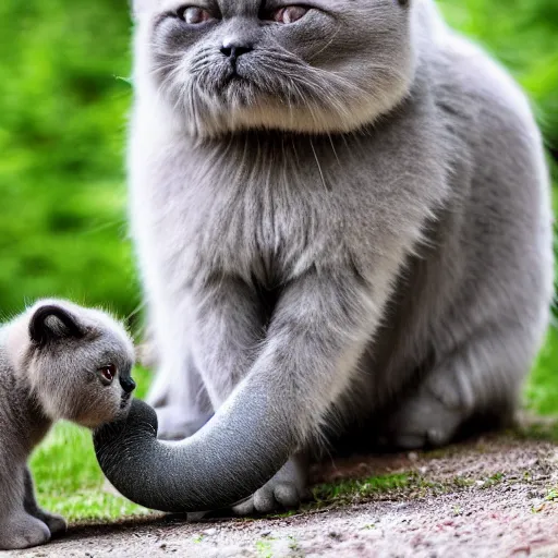 Image similar to Himalayan cat with green fur happily playing with a miniature grey skinned elephant.