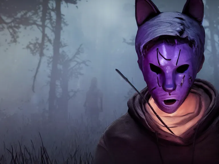 Image similar to purple haired man with cat ears, blue hoodie, facing away from camera in dead by daylight with hook, moody lighting