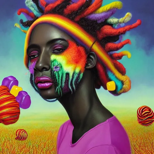 Image similar to a wide angle shot of a black girl with colorful dreadlocks in a field of candy, by Adi granov and afarin sajedi and amanda sage and evgeni gordiets and Agostino Arrivabene and adonna khare in a psychedelic portrait style, ultrarealistic matte painting, volumetric lighting, fractal, extremely symmetrical, highly detailed face, orisha, 8k, hd