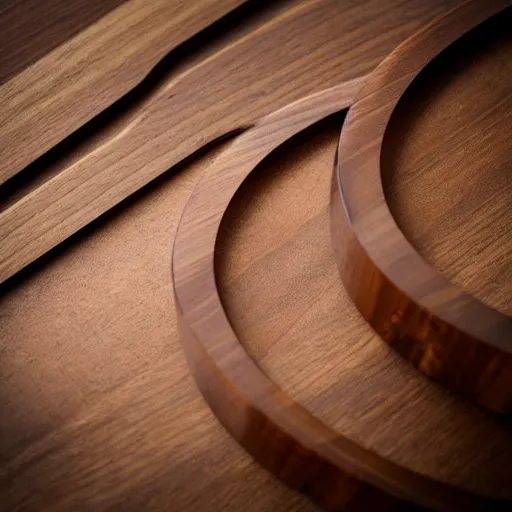 Image similar to lens aperture blades made of walnut wood. minimal. dramatic lighting.