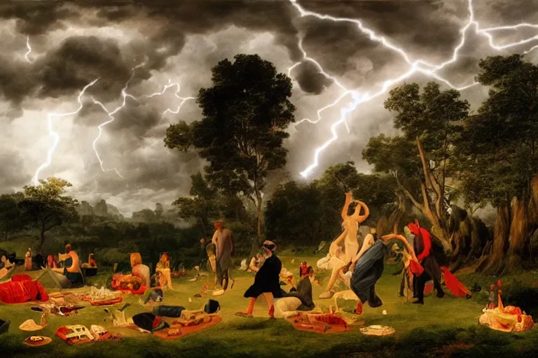 Image similar to a detailed illustration of a god ruining a picnic in the park, nightmare in the park, calamity, dark storms with lightning, ultrawide lens, aerial photography, natural disaster, 8 k, art by pierre - henri de valenciennes and caspar david friedrich and jacob gensler and eugene isabey