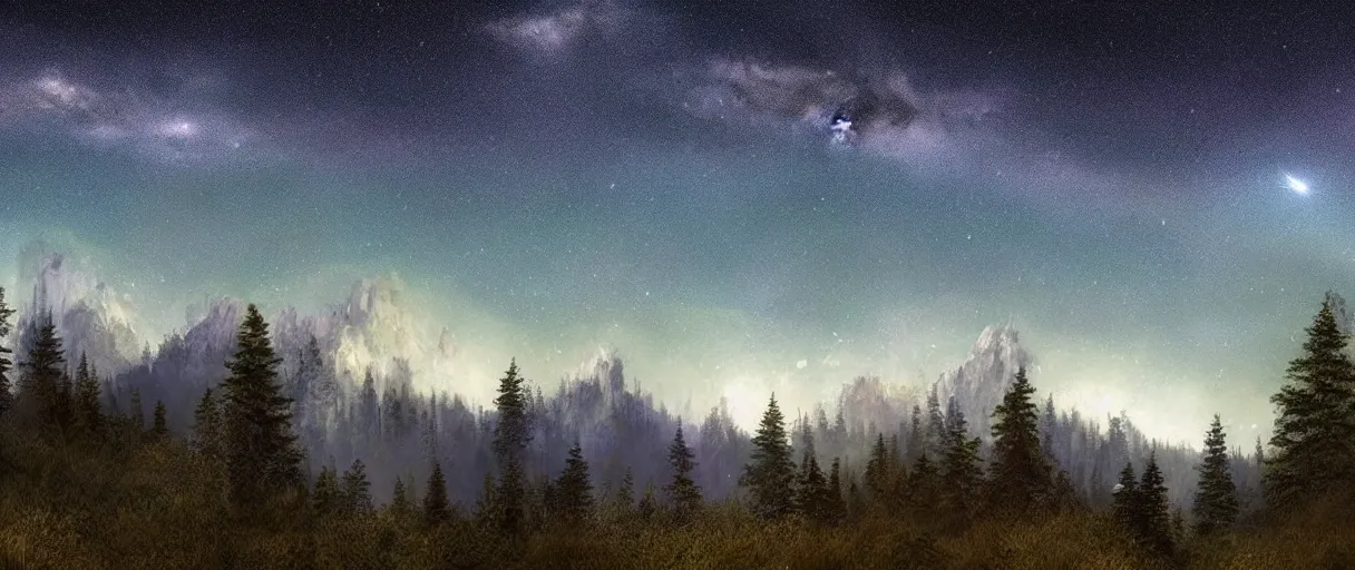 Image similar to digital photography of a ultra detailed night sky with constellations, focused detailed very beautiful native American girl with short hair , Perseides meteor shower, ultra detailed hill top over behind a forest with a magic blue lake, large mountains in back, concept art, low angle, high detail, warm lighting, volumetric, vivid, beautiful, trending on artstation, by Jordan Grimmer, no focus, huge scene, ultra detailed trees, F11 aperture, in the style of JIM RICHARDSON