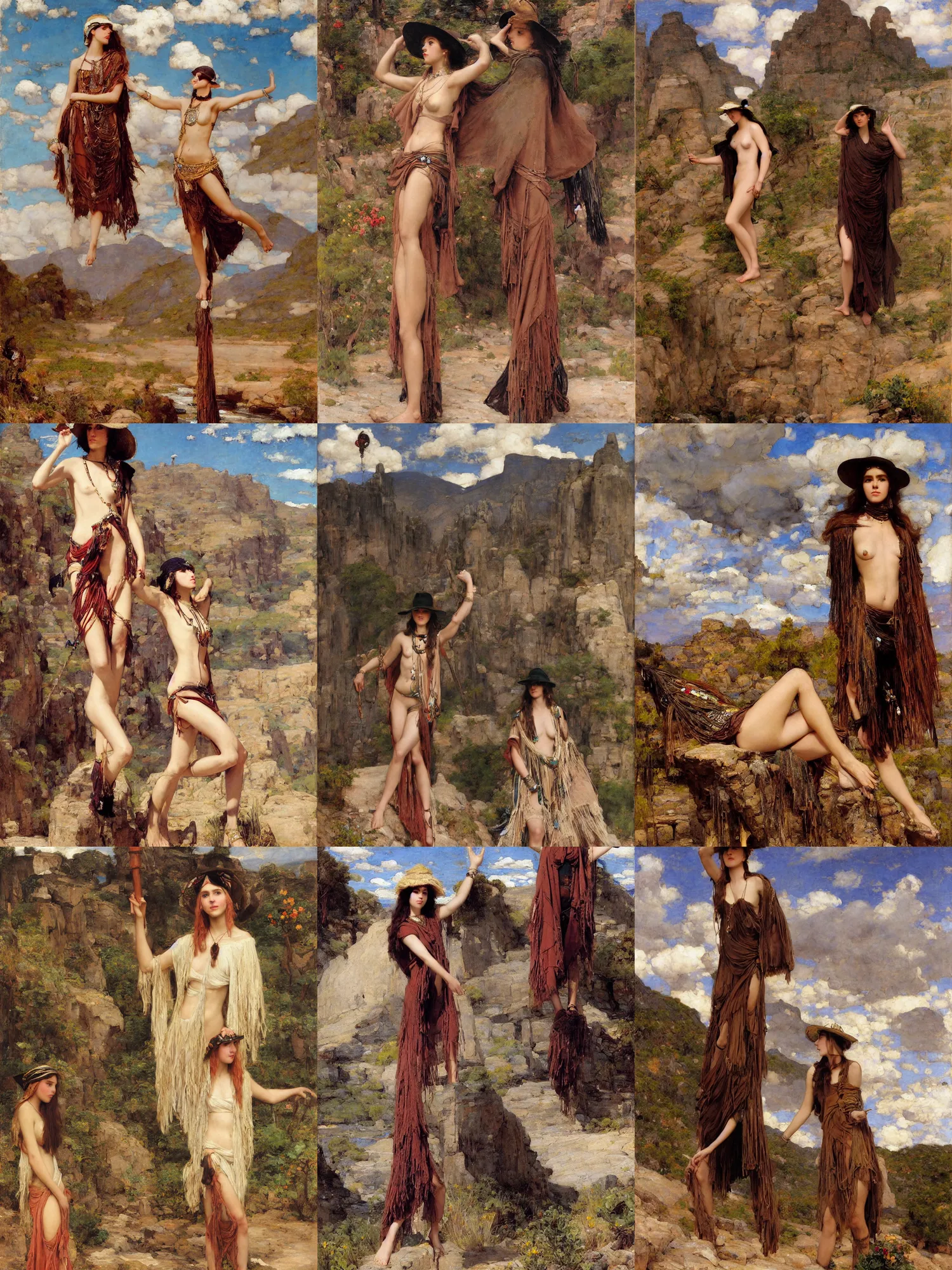 Prompt: portrait of fashionable young woman wearing rich jewerly hat and boho poncho and bikini in nature mountains and desert,thunder clouds in the sky, artwork by john william waterhouse and Edwin Longsden Long and Theodore Ralli and Henryk Siemiradzki, levitation, industrial rusty pipes, simple form, brutal shapes